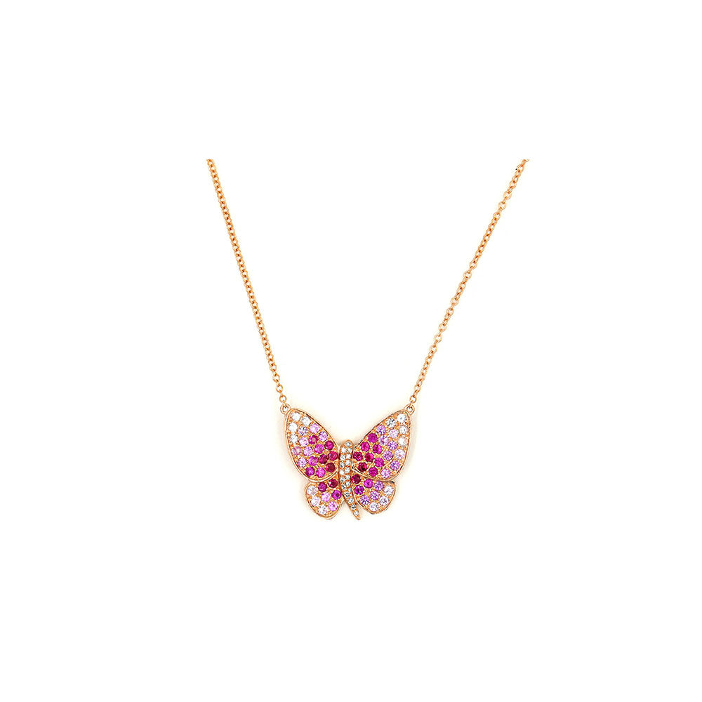 14k Rose Gold and Multi Color Pink Sapphire Butterfly Necklace