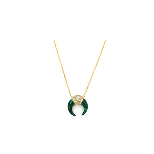 14k Yellow Gold Diamond Pave and Malachite Horn Necklace