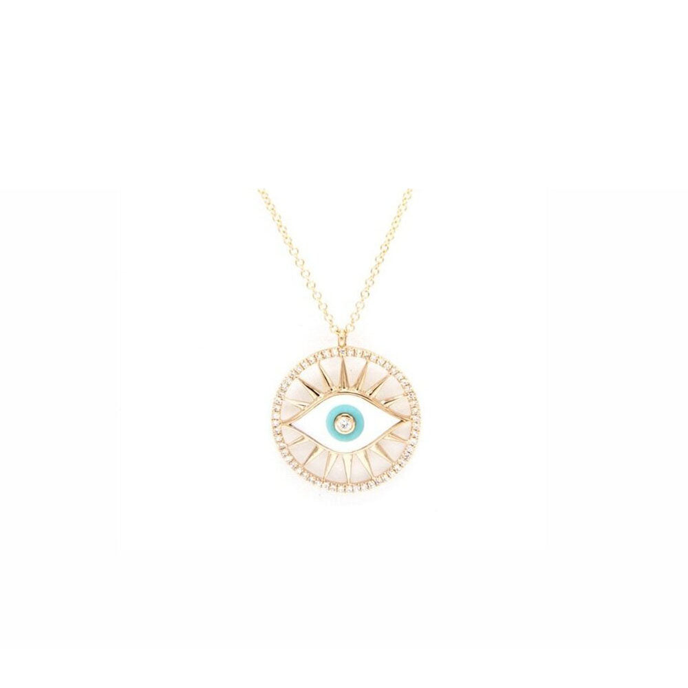 14k Yellow Gold, Diamond, Mother of Pearl and Turquoise Evil Eye Necklace