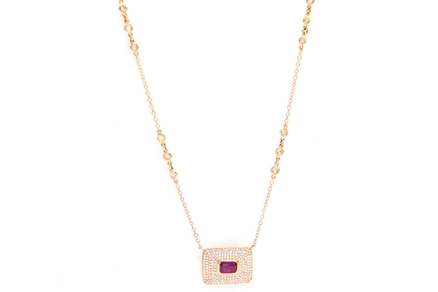 14k Rose Gold Diamond Pave and Ruby Necklace