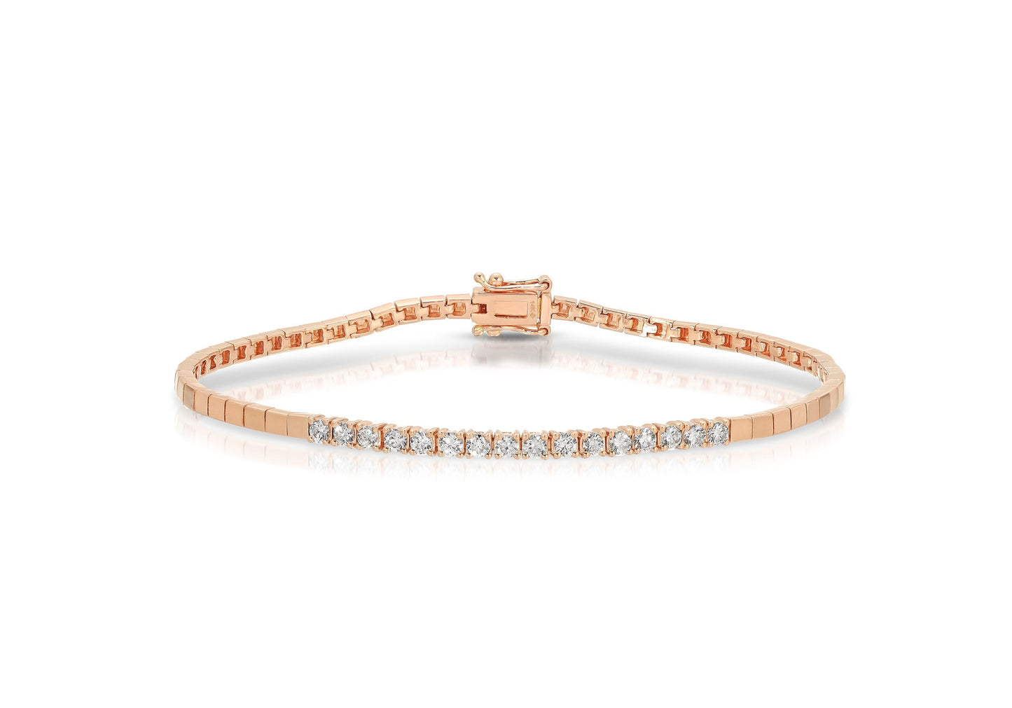 14K Rose Gold Block Shiny Chain with Diamond Row Bracelet