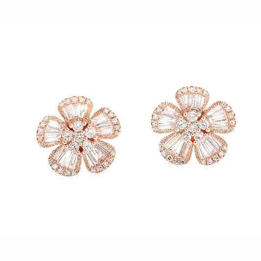 14k Gold, Diamond Pave and Diamond Baguette Flower Studs