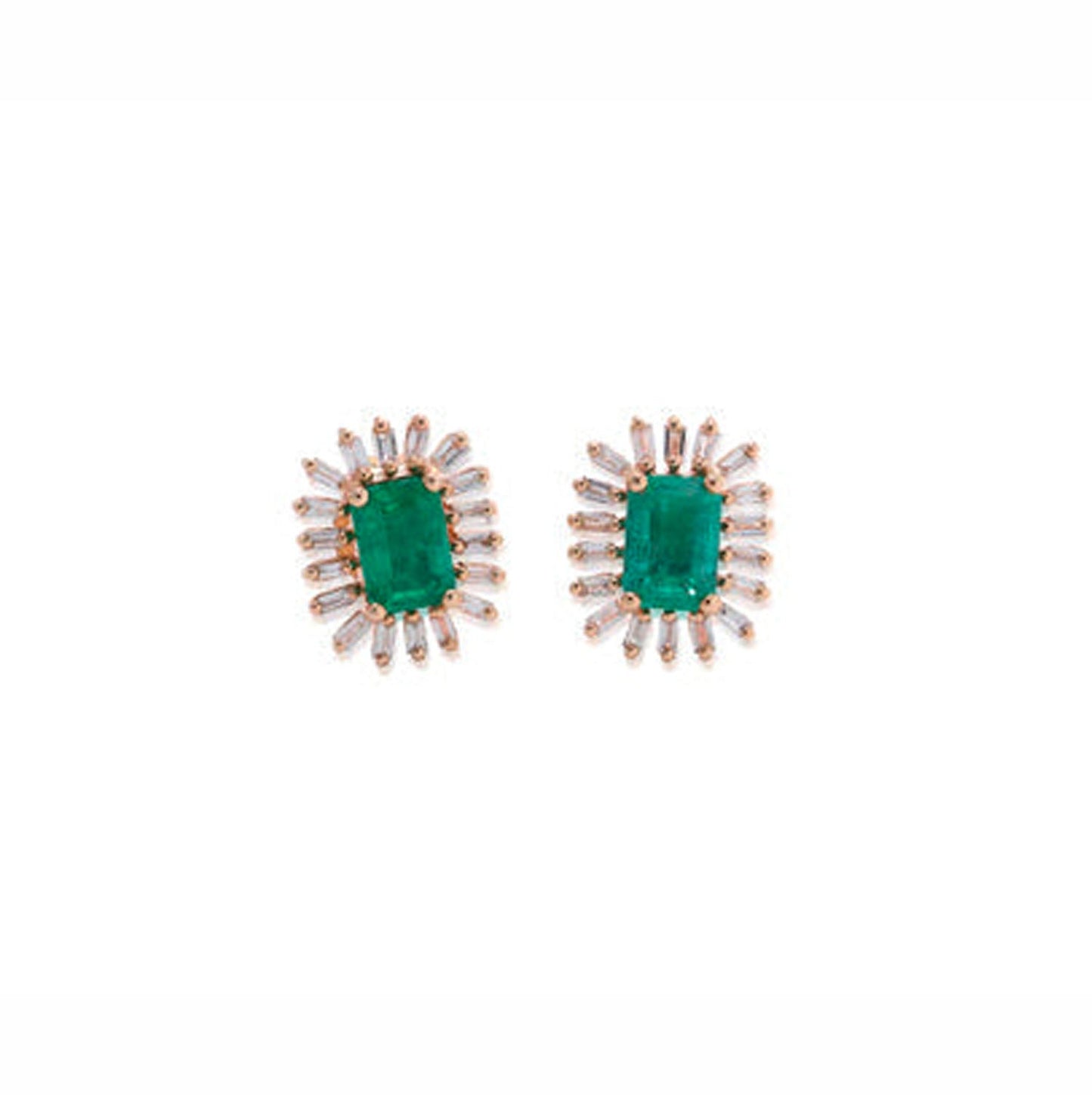 14k Rose Gold Diamond Baguette &amp; Emerald Studs