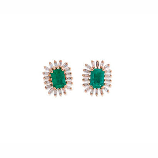 14k Rose Gold Diamond Baguette and Emerald Studs