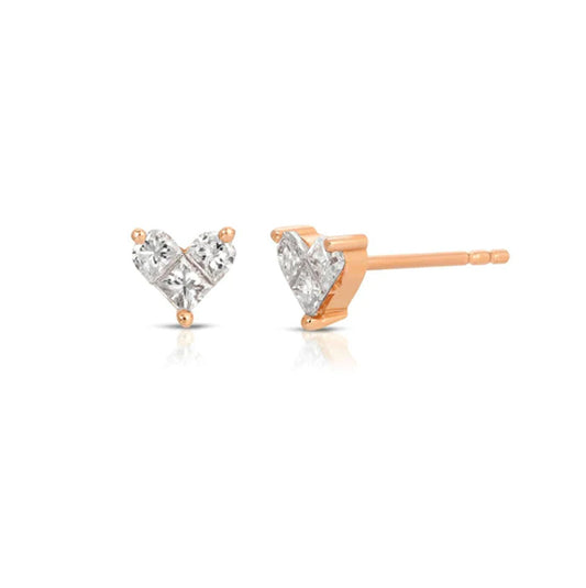 14K Rose Gold Three Diamond Heart Studs