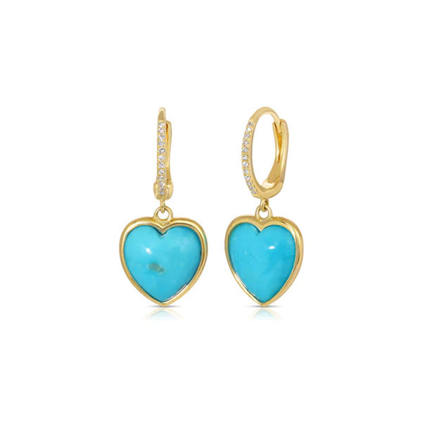 14K Yellow Gold Diamond Pave Huggy with Turquoise Heart Drop