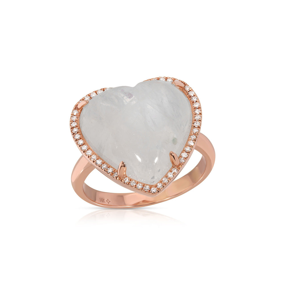 14K Rose Gold Moonstone & Diamond Pave Heart Ring
