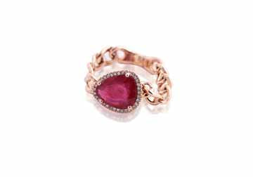 14K Rose Gold Chain Link Ruby Slice and Diamond Pave Ring