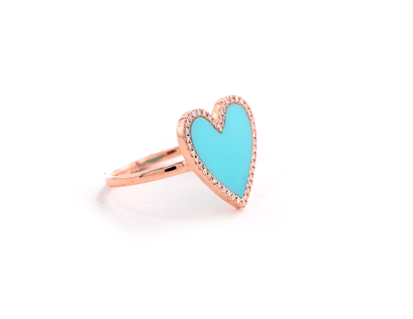 14K Rose Gold Diamond Pave and Turquoise Heart Ring