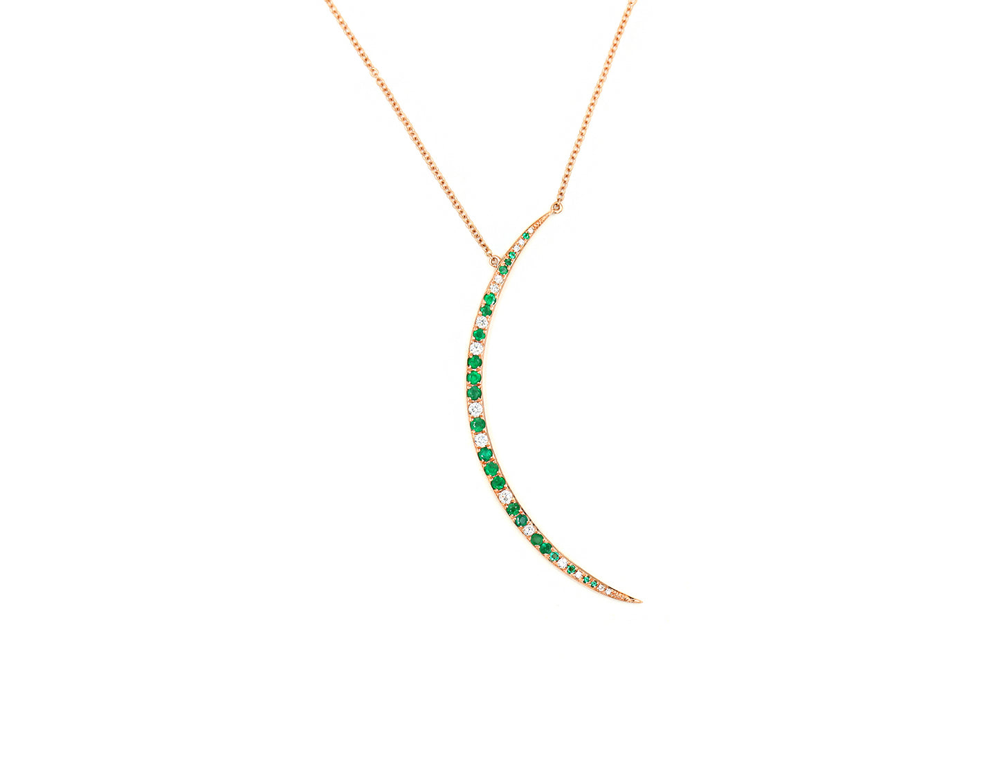 14k Rose Gold Diamond and Emerald Crescent Necklace