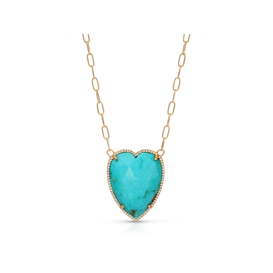 14K Yellow Gold Diamond Pave & Turquoise Jumbo Heart Pendant on Paper Clip Chain