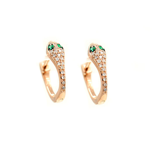 14KT Rose Gold Diamond Pave Snake Huggy With Emerald Eyes