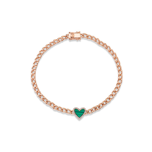 14K Rose Gold Diamond Pave Malachite Heart Chain Link Bracelet