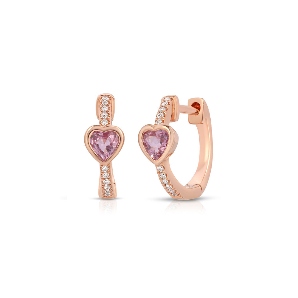 14K rose gold pink sapphire heart and Diamond pave Huggy
