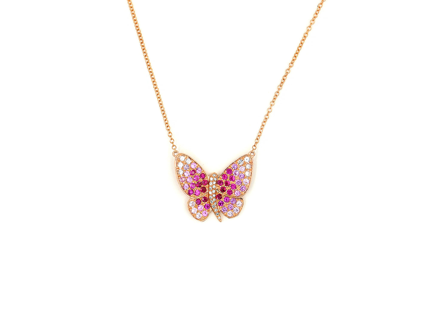 14k Rose Gold and Multi Color Pink Sapphire Butterfly Necklace