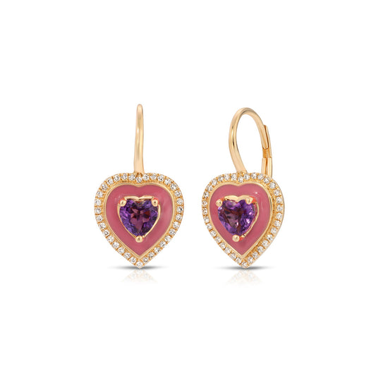 14K Yellow Gold Pink Enamel, Amethyst And Diamond Pave with Heart Mini Drop Earrings