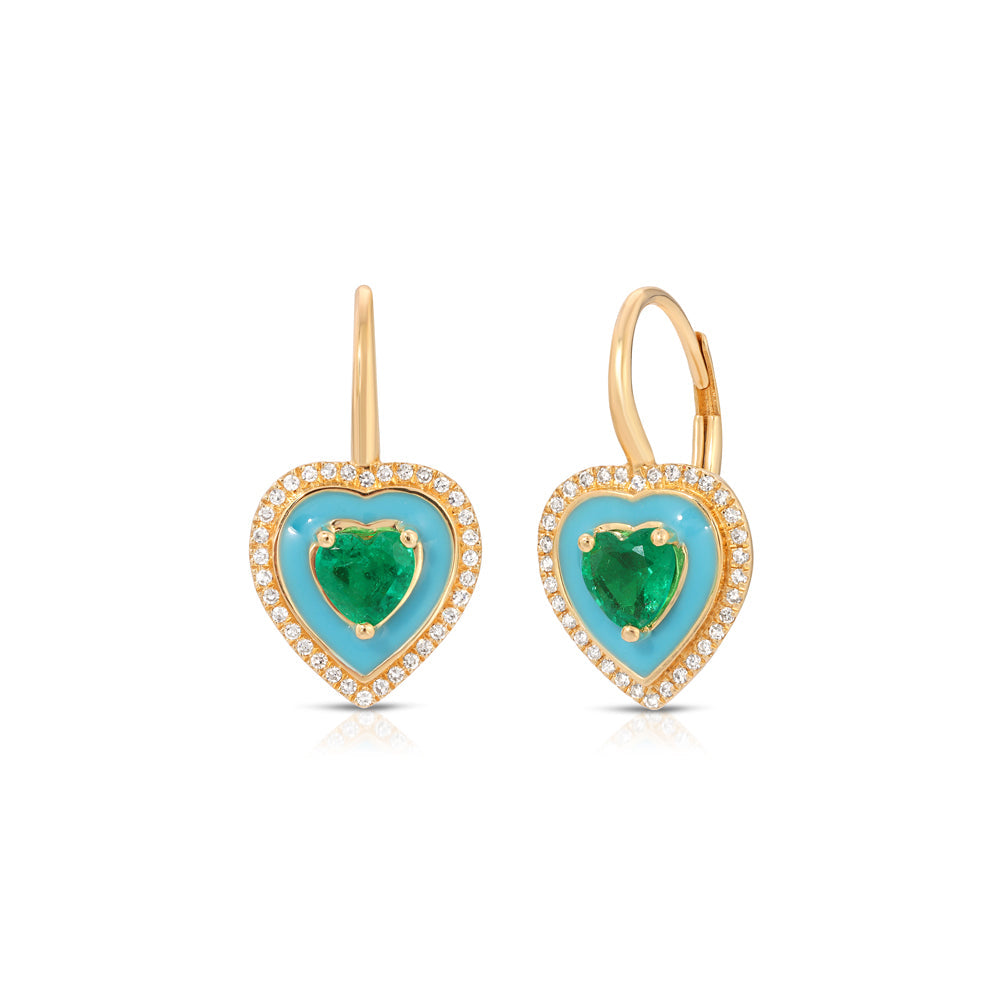 14K Yellow Gold Blue Enamel, Emerald And Diamond Pave With Mini Heart Drop Earring