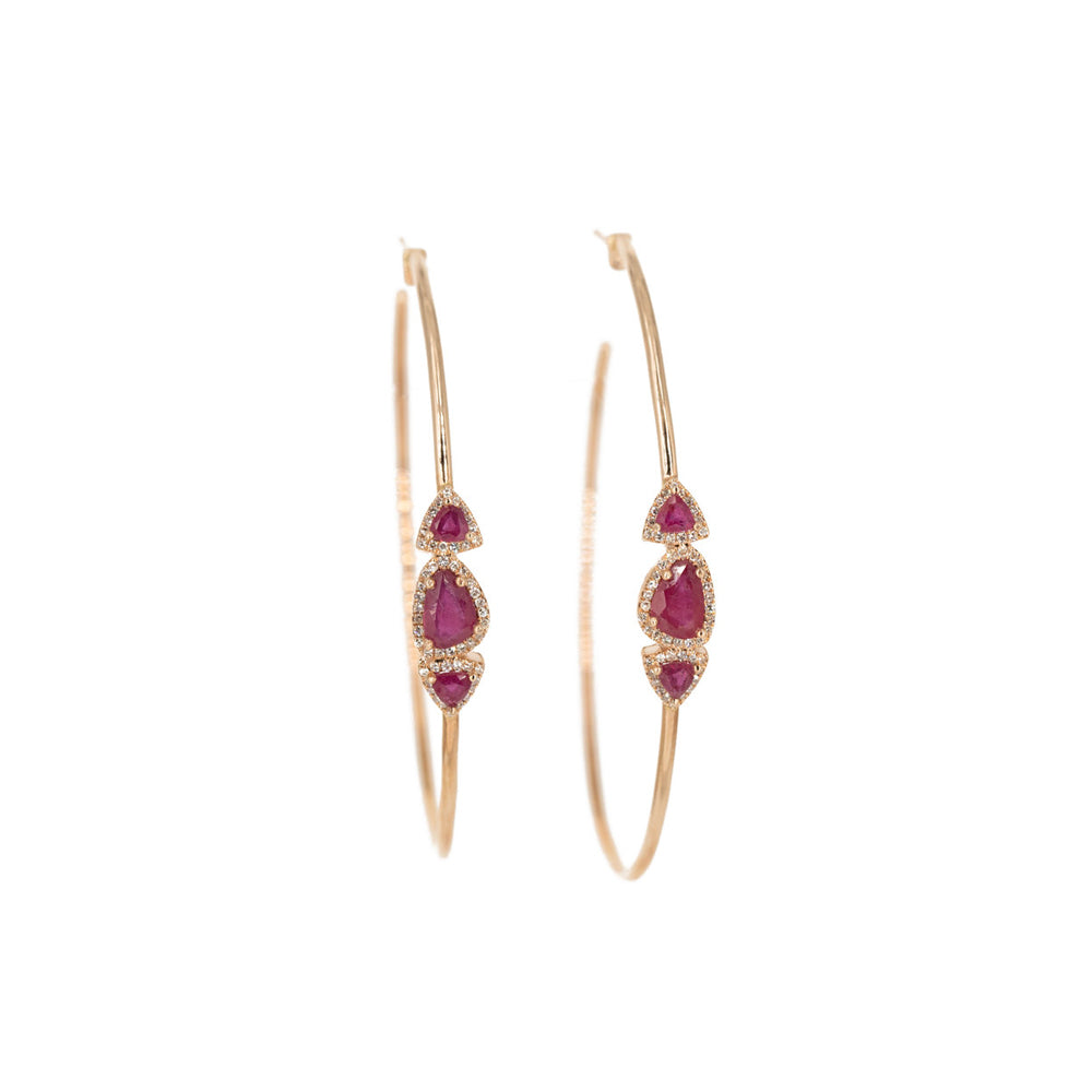 14KT Rose Gold 3in. Hoops with Ruby Slice and Diamond Pave