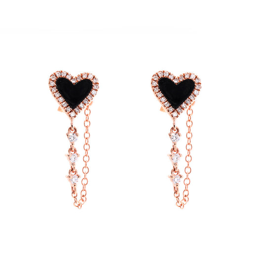 14K Rose Gold Diamond Pave and Onyx Heart Chain Drop Earrings