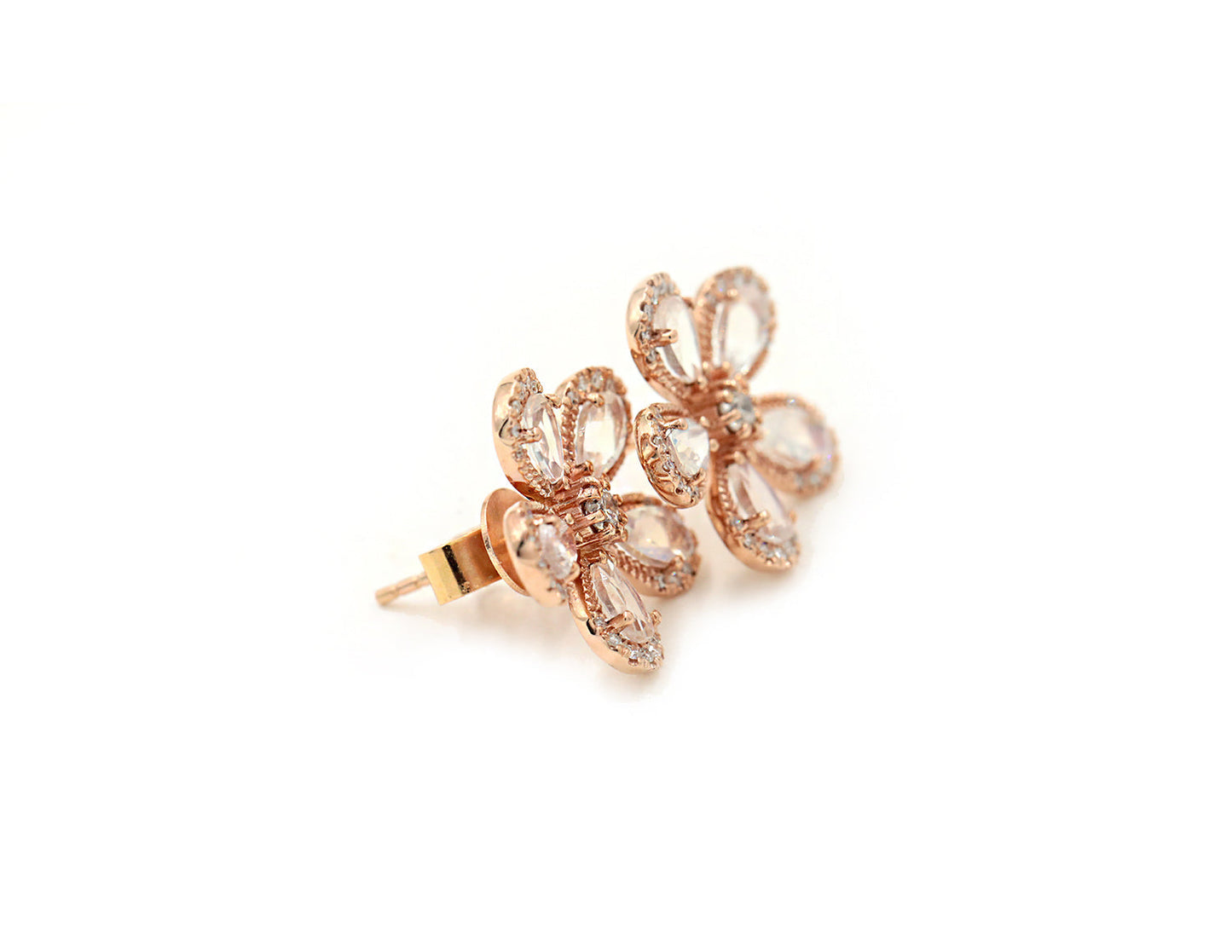 14KT Rose Gold Moonstone And Diamond Flower Stud Earrings
