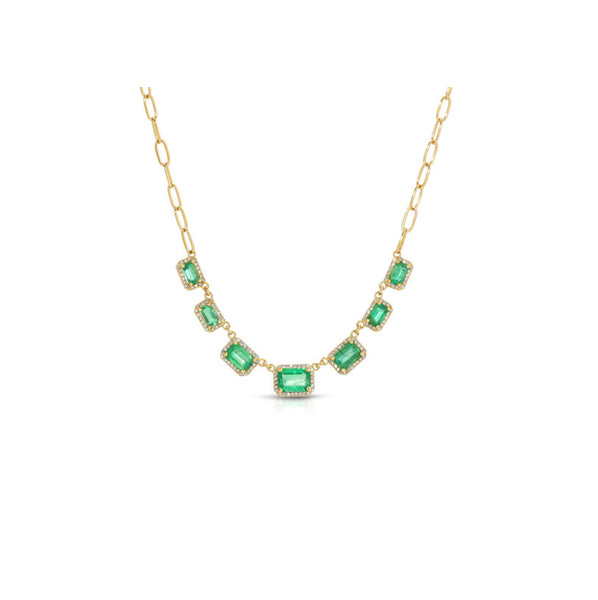 14K Yellow Gold Multiple Emerald Cut Emerald and Diamond Pave Chain Link Necklace