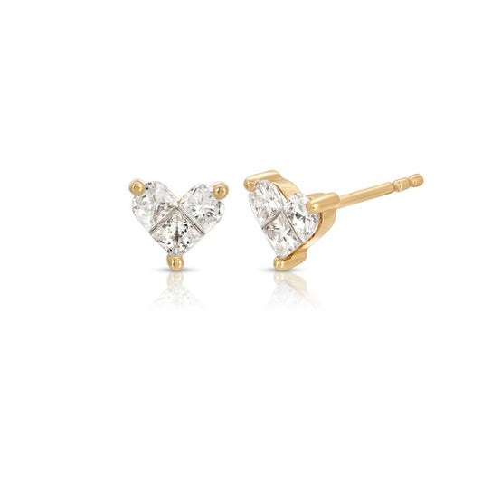 14K Yellow Gold Three Diamond Heart Studs