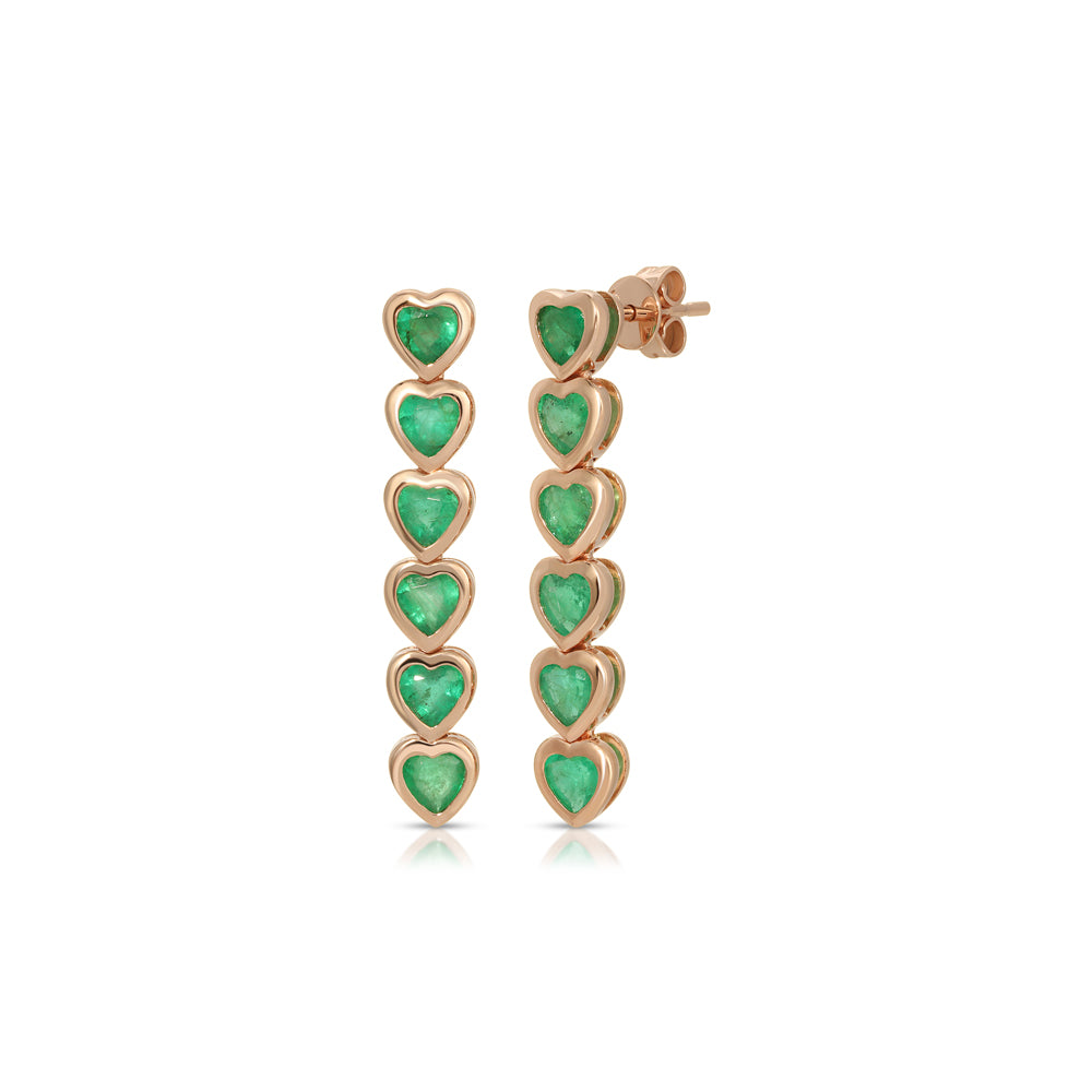 14K Rose Gold Multiple Emerald Heart Straight Line Earrings