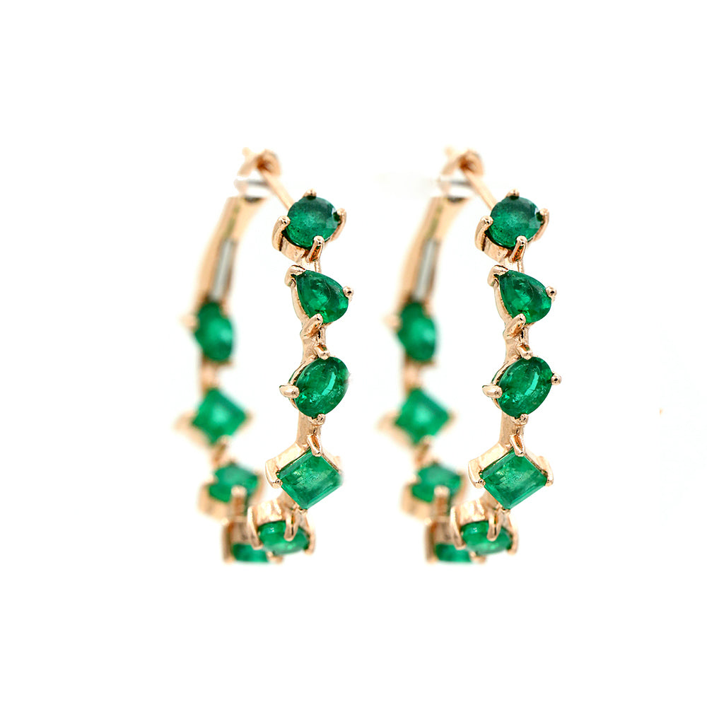 14k Rose Gold and Emerald Hoops