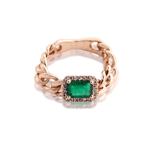 14K Rose Gold Chain Link Emerald and Diamond Pave Ring