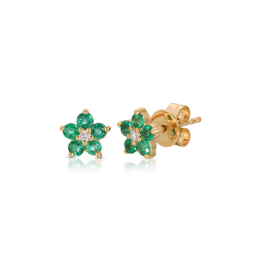 14K Rose Gold Emerald and Diamond Flower Studs