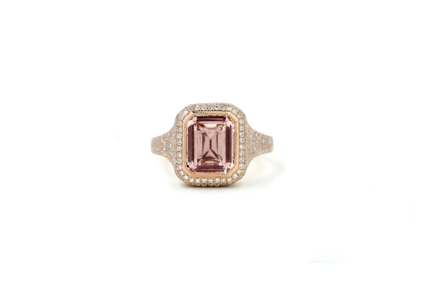 14k Rose Gold Diamond Pave and Emerald Cut Morganite Ring
