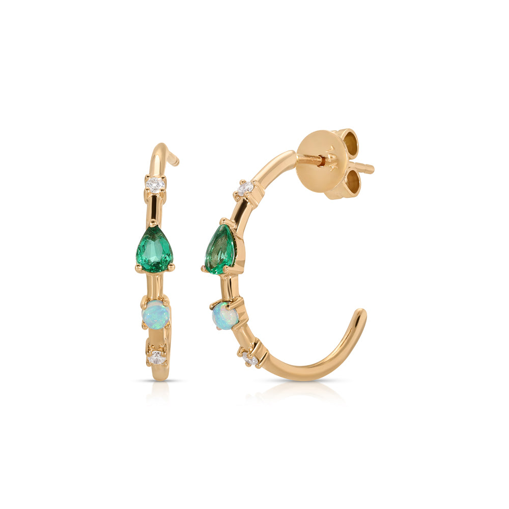 14K Rose Gold Emerald, Opal and Diamond Hoop