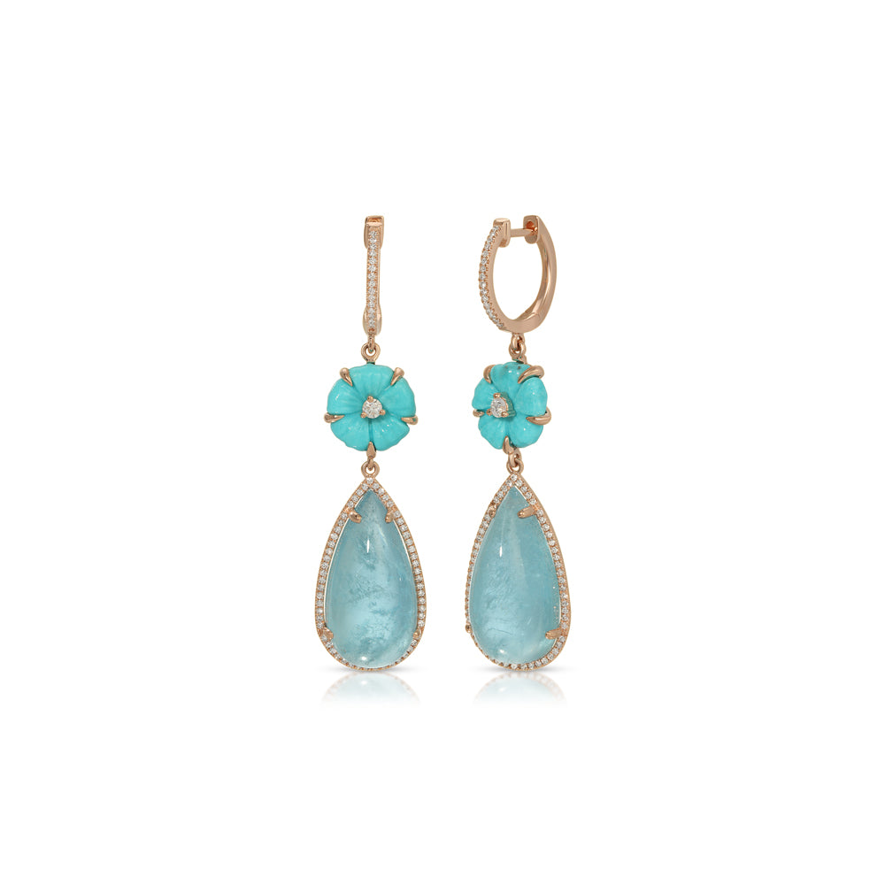 14K Rose Gold Diamond Huggy with Turquoise and Diamond Flower and Aquamarine Drop Earrings