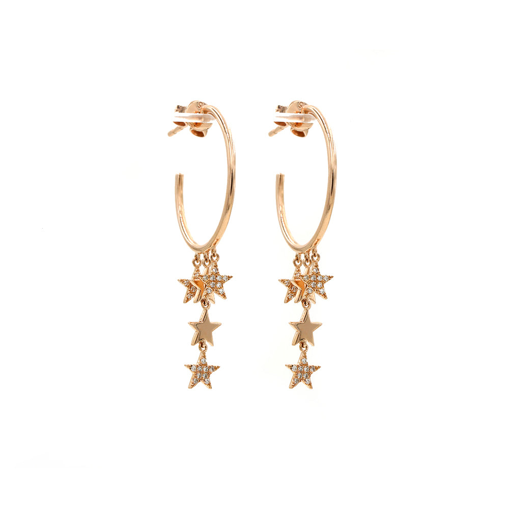 14k Rose Gold Hoops with Diamond Pave Stars Hanging