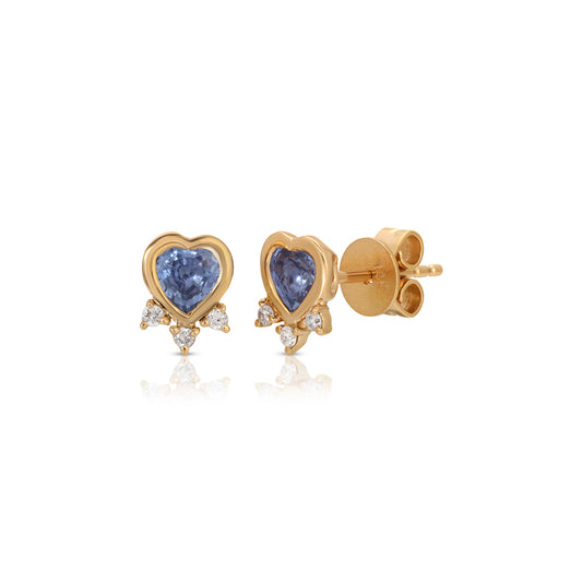14K Rose Gold Sapphire Heart With Triple Diamond Studs