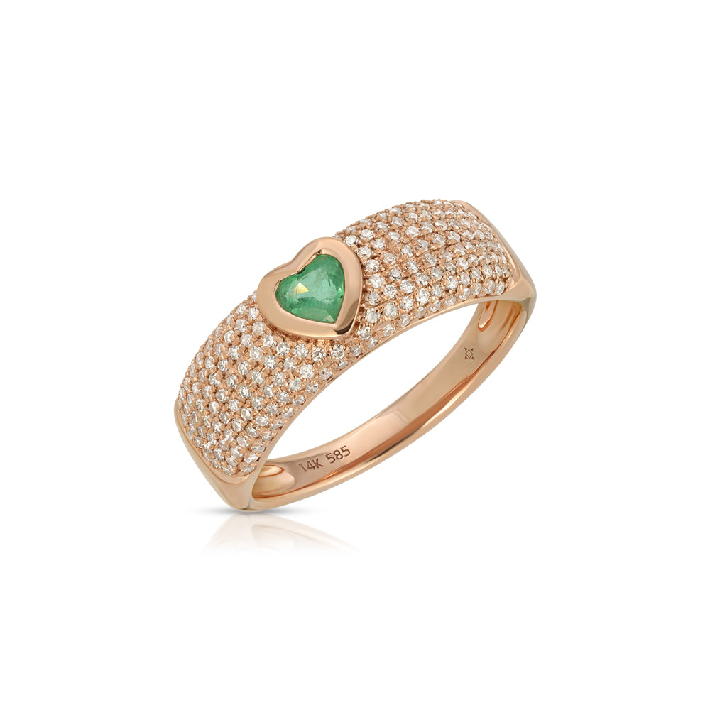 14k Rose Gold Emerald Heart and Diamond Pave Band