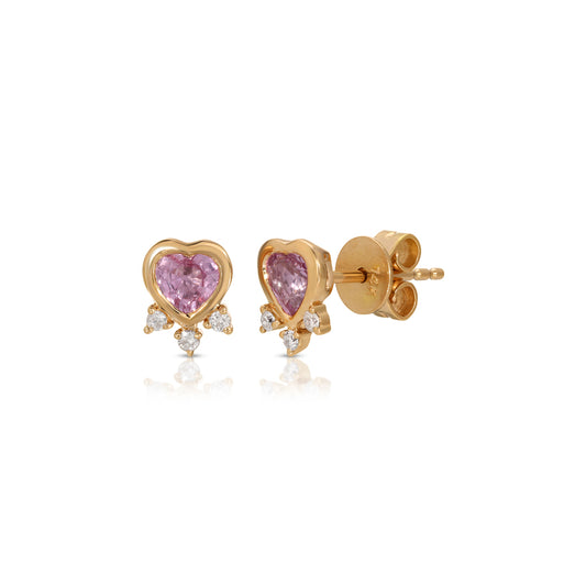 14K Rose Gold Pink Sapphire Heart with Triple Diamond Studs