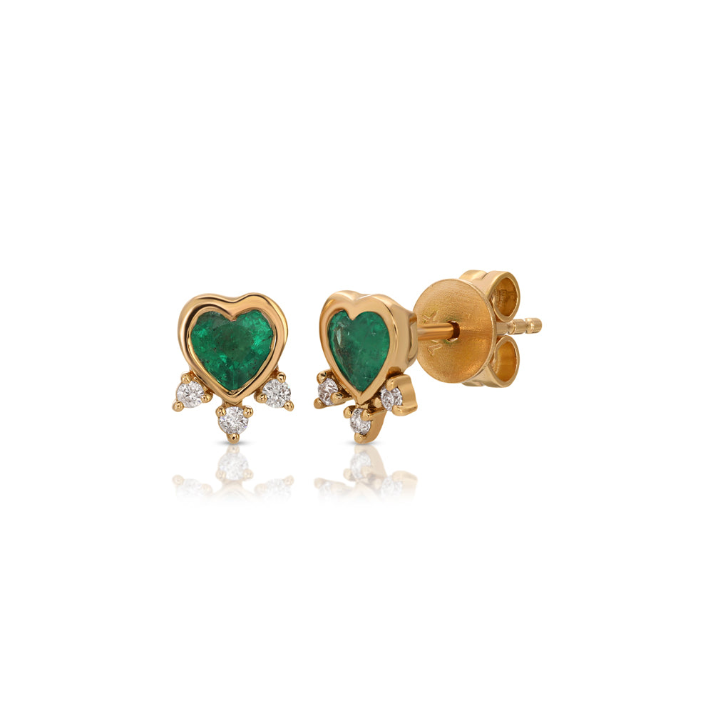 14K Rose Gold Emerald Heart With Triple Diamonds Studs
