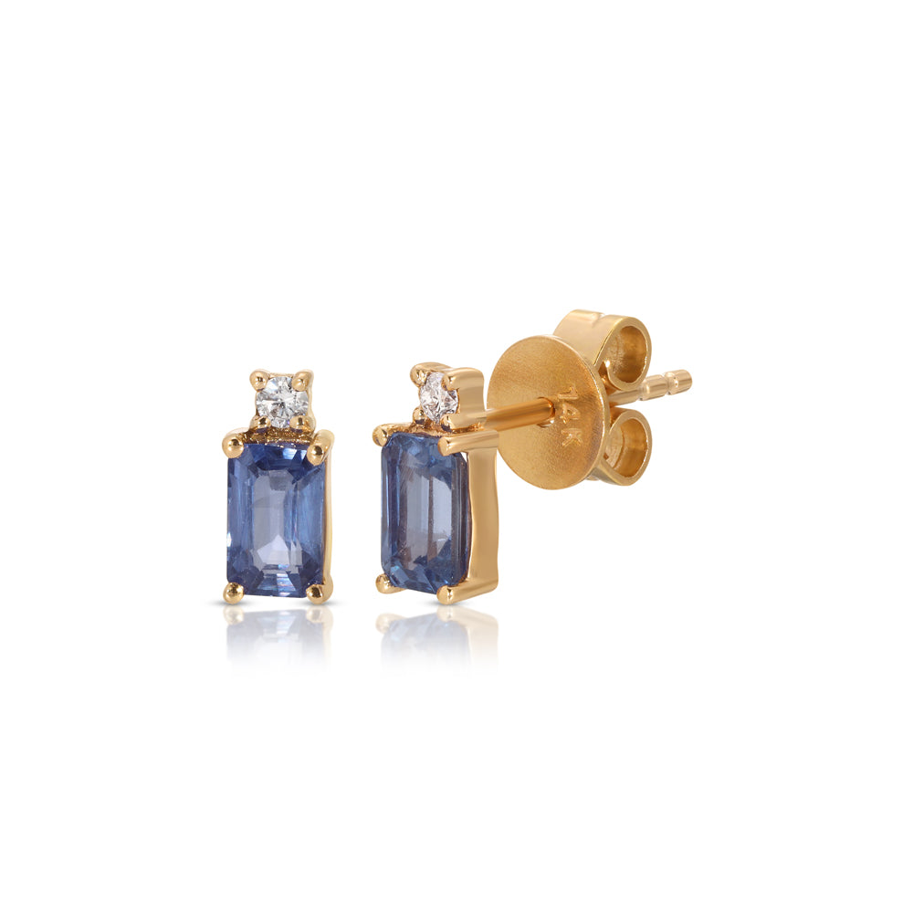 14K Rose Gold Emerald Cut Sapphire and Diamond Studs