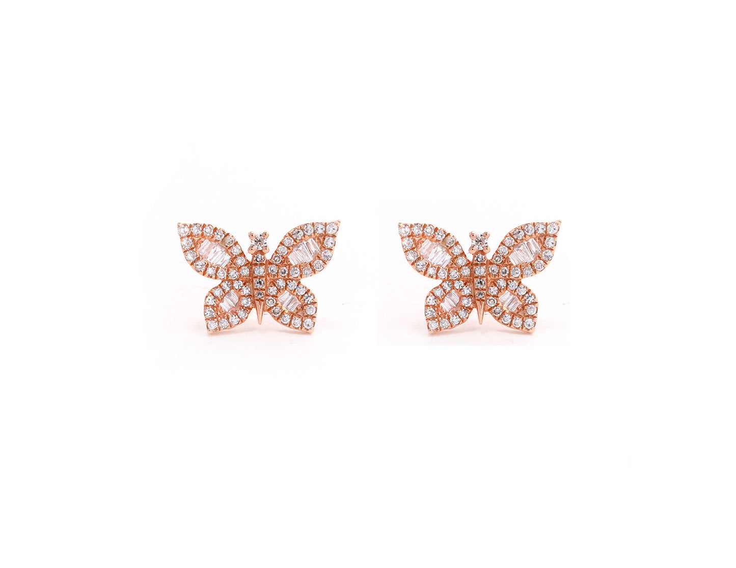 14k Rose Gold Diamond Pave and Diamond Baguette Butterfly Earrings