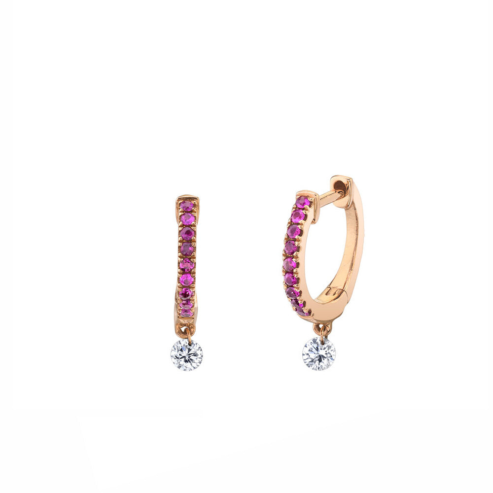 14k Rose Gold Ruby Pave Huggy with Diamond Drop