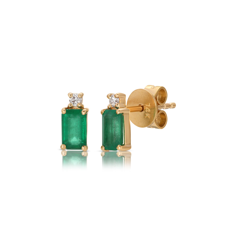 14K Rose Gold Emerald Cut Emerald and Diamond Studs