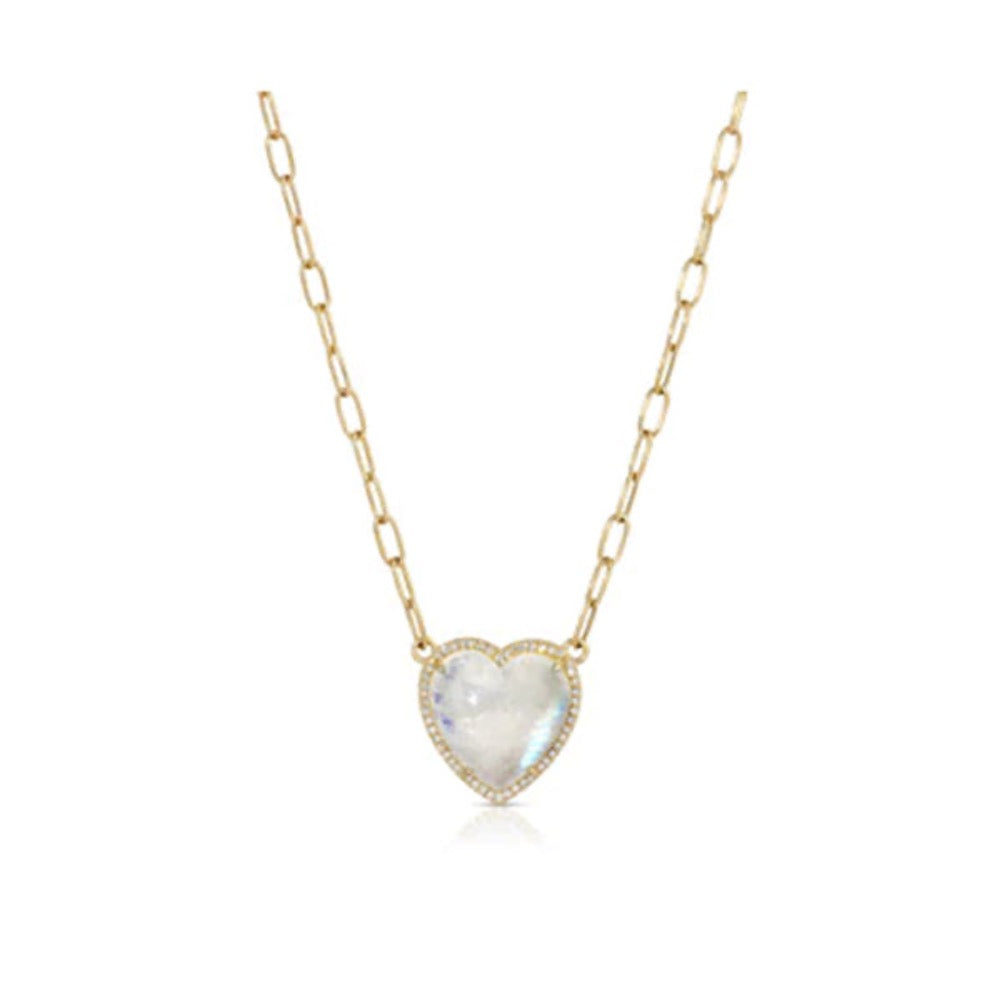 14K Yellow Gold Paperclip Chain Necklace with Moonstone and Diamond Pave Heart