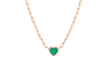 14K Rose Gold Emerald and Diamond Heart Chain Link Necklace