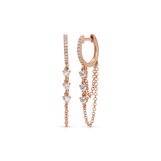 14K Rose Gold Diamond Pave Huggy with Three Diamond Drop Double Chain