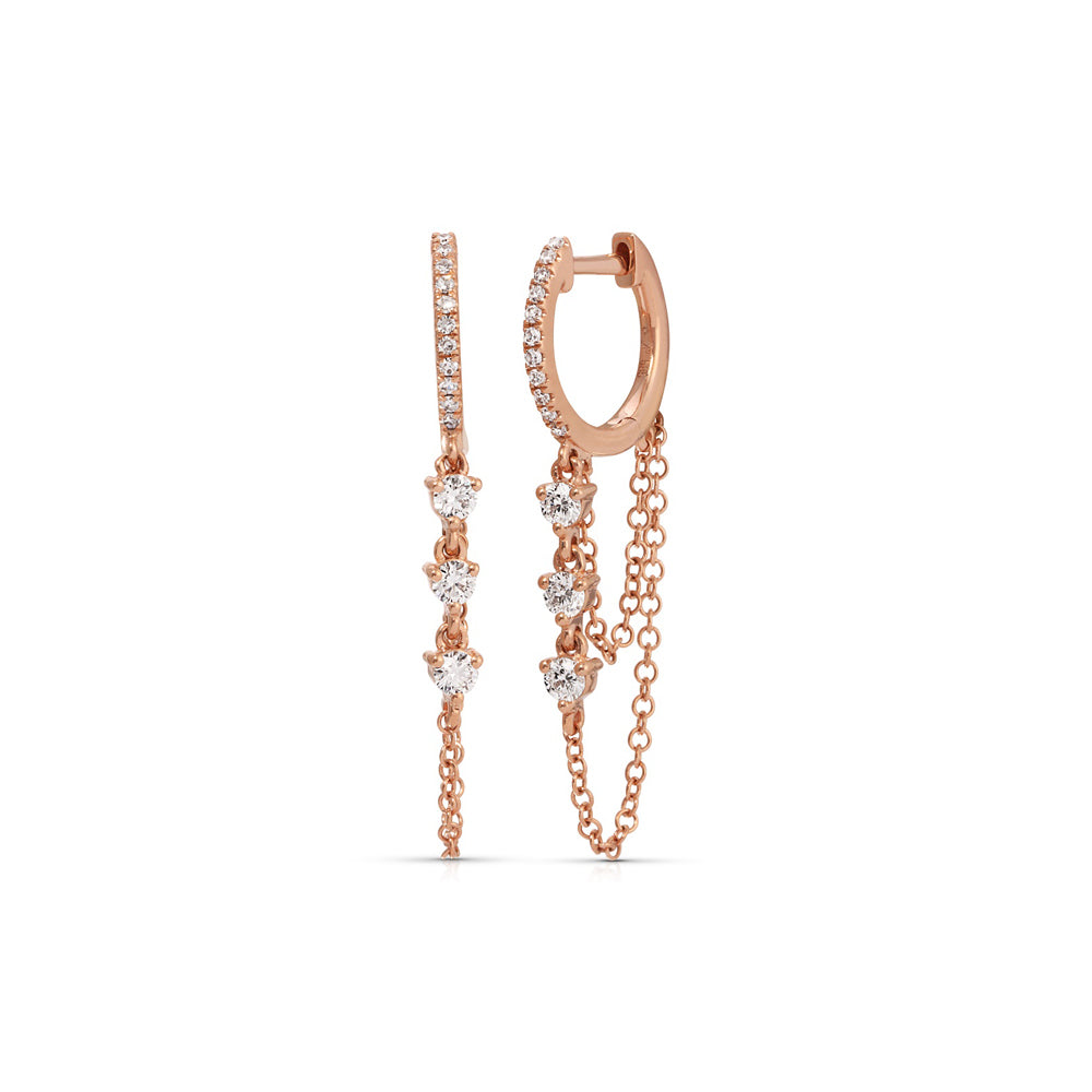 14K Rose Gold Diamond Pave Huggy with Three Diamond Drop Double Chain