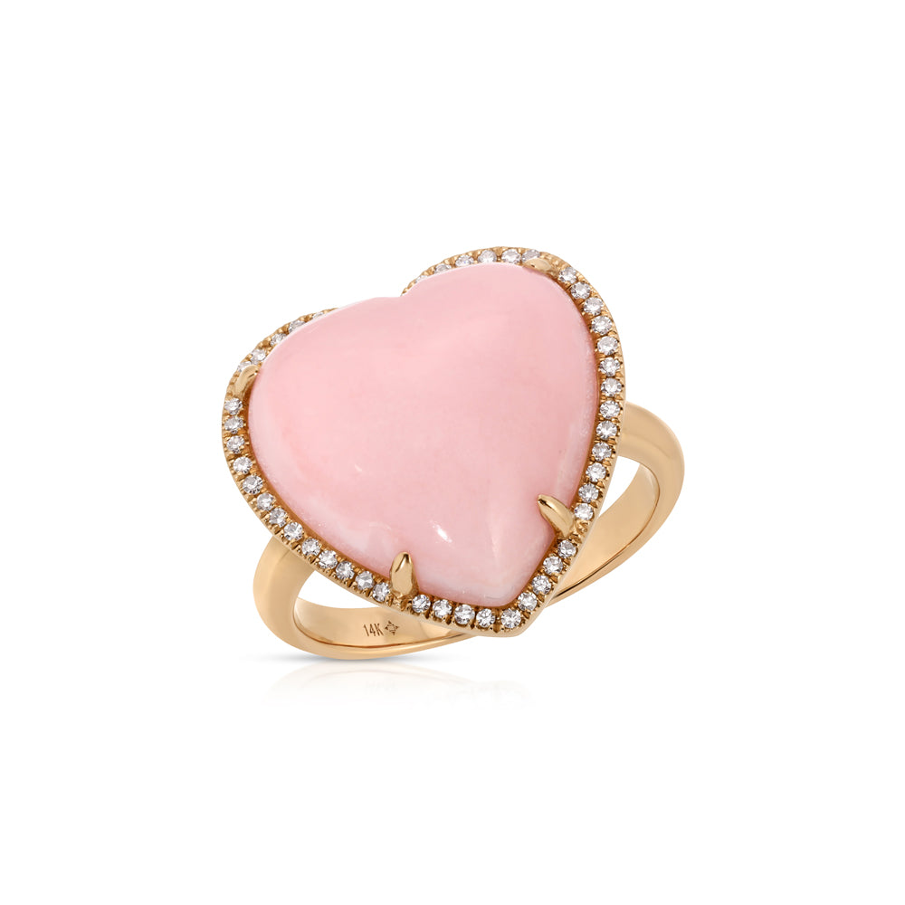 14K Rose Gold Pink Opal and Diamond Pave Heart Ring