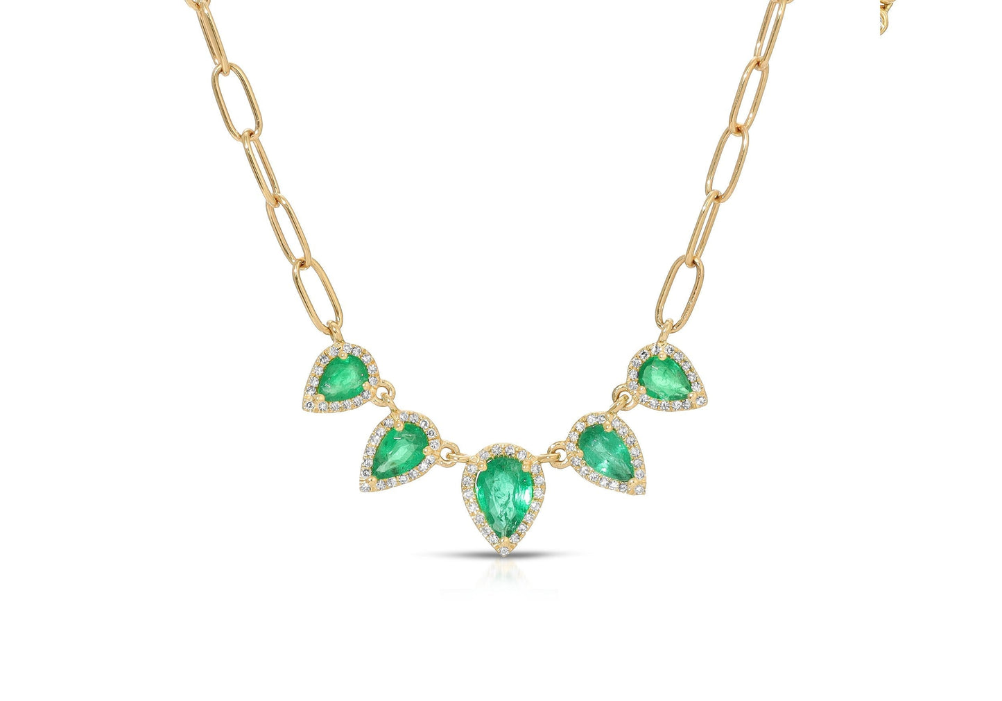 14k Yellow Gold Multiple Pear Shape Emerald and Diamond Chain Link Necklace