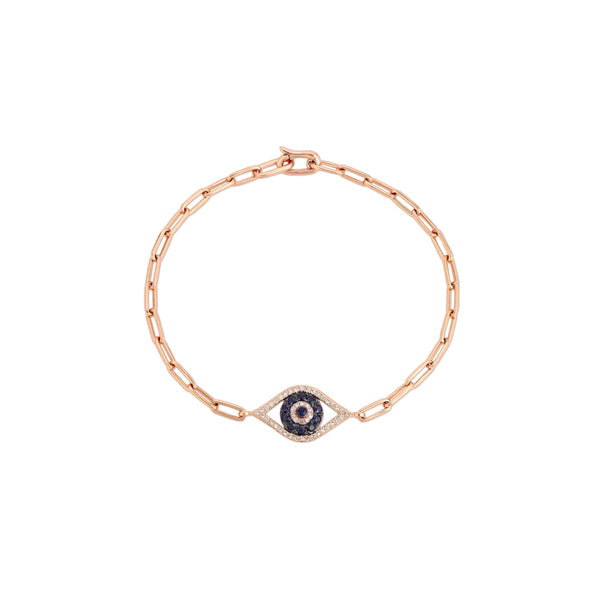 14K Rose Gold Chain Link Sapphire and Diamond Evil Eye Bracelet