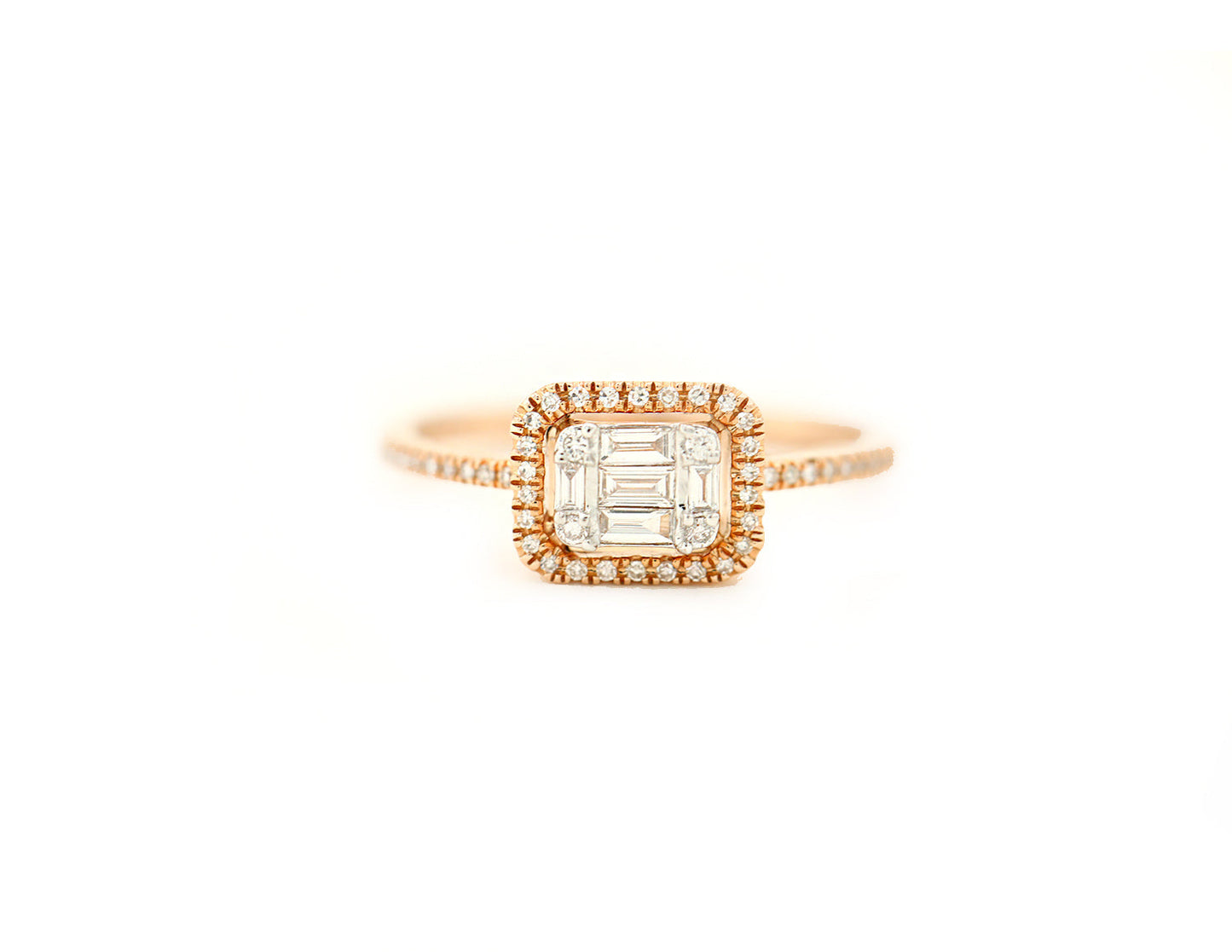 14k Rose Gold Diamond Baguette and Diamond Pave Ring
